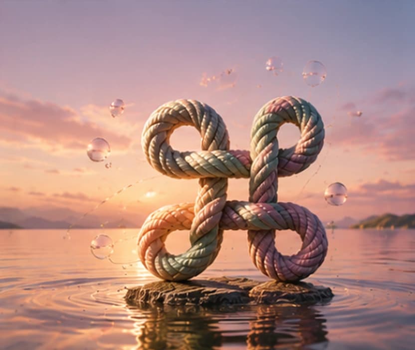 A sculptural braided rope knot floats above reflective sunset water, with distant mountains and small suspended spheres.