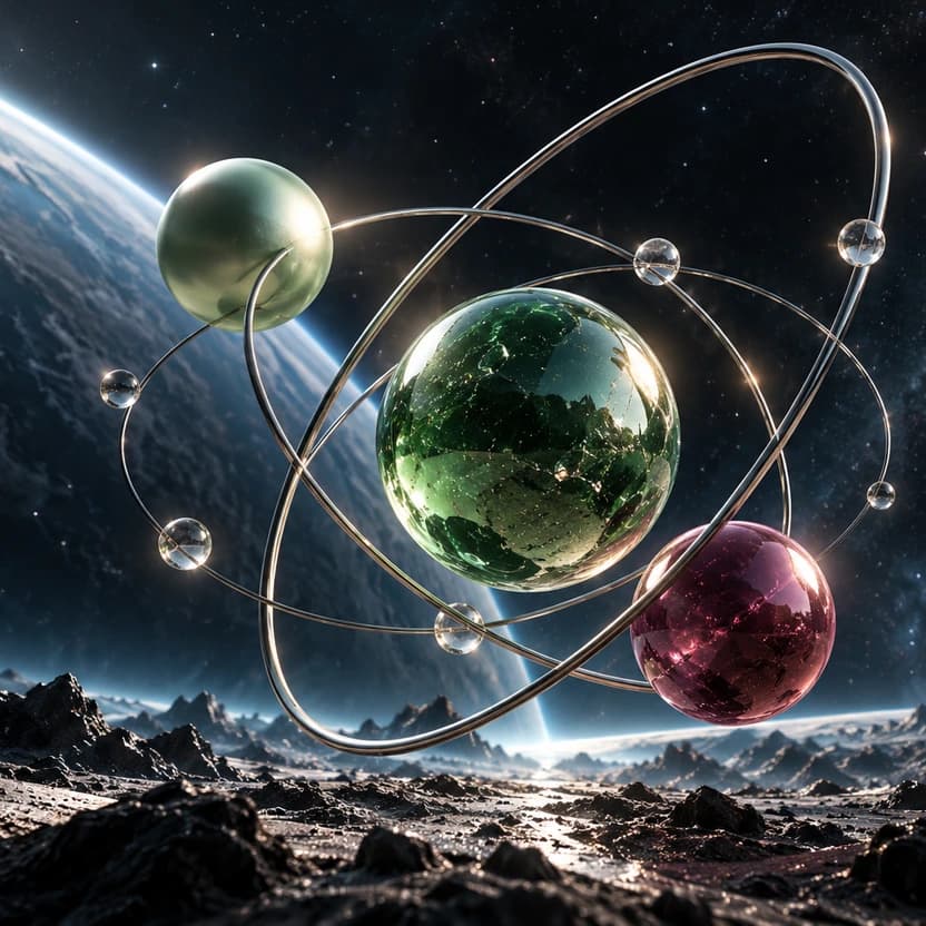 Glass and metallic spheres connected by delicate orbital rings against a dark outer-space landscape.