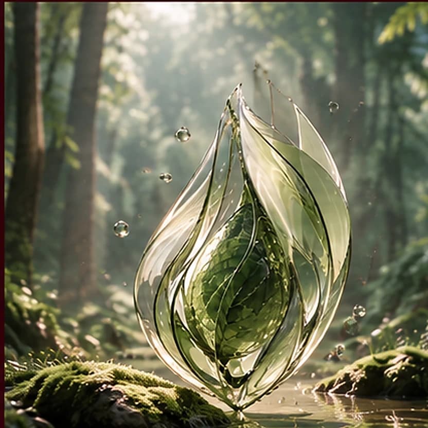 A translucent green seed form glows above moss and a forest stream in filtered sunlight.
